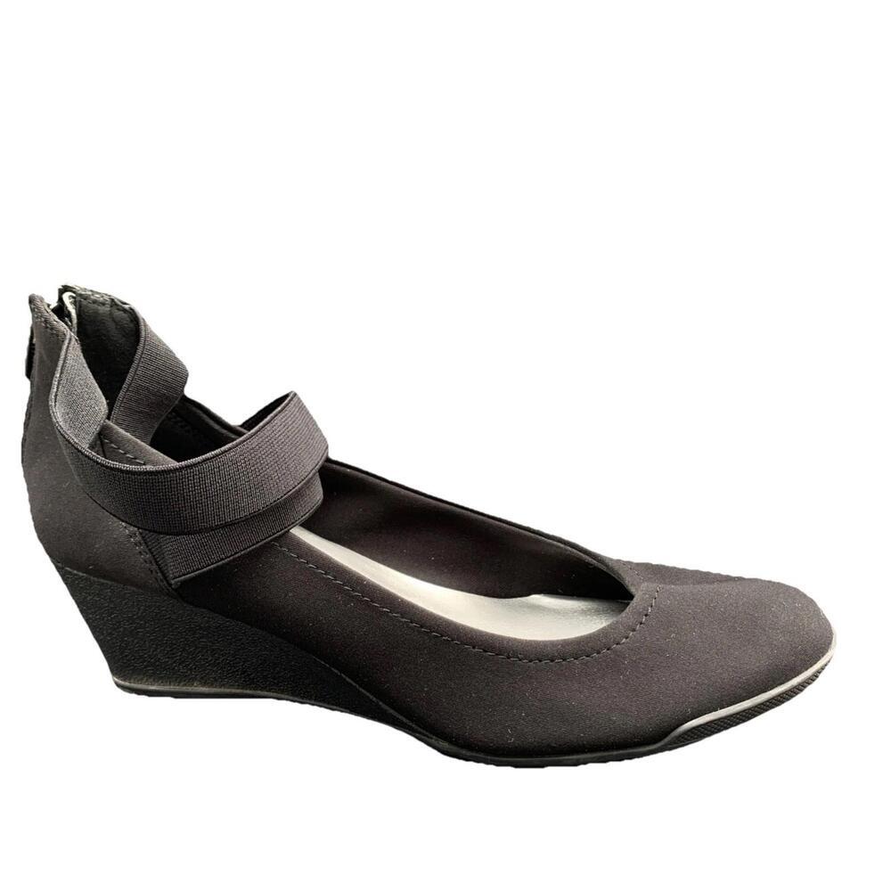 Anne Klein Wedges 9.5 Nylon Shoes Black Sandals Elastic Strap